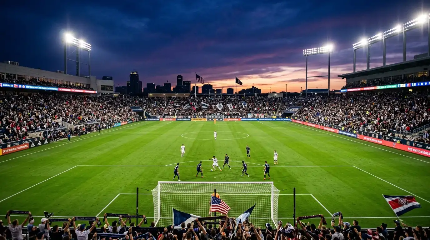 Estadio de la MLS iluminado durante un partido nocturno con aficionados en las gradas