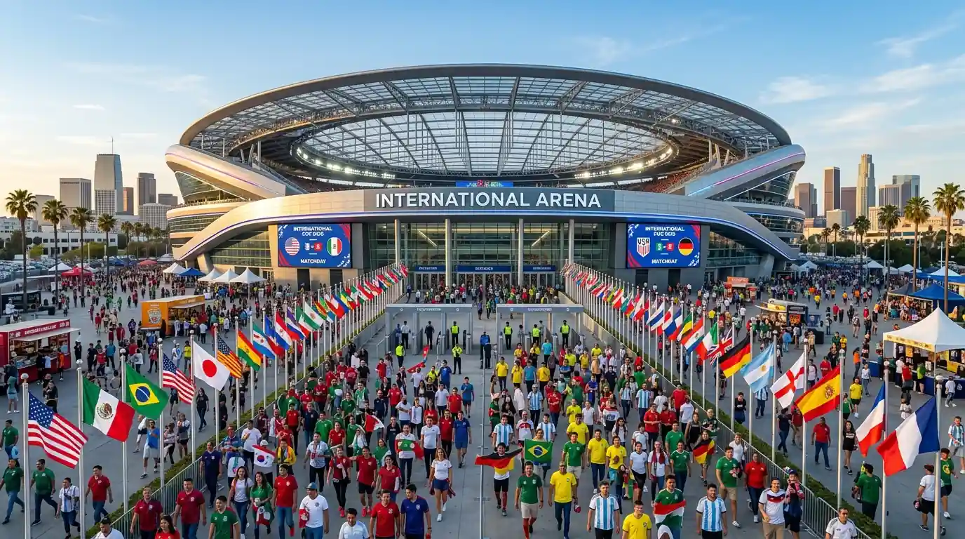 Vista panorámica de un gran estadio de fútbol preparado para un evento internacional con banderas de varios países
