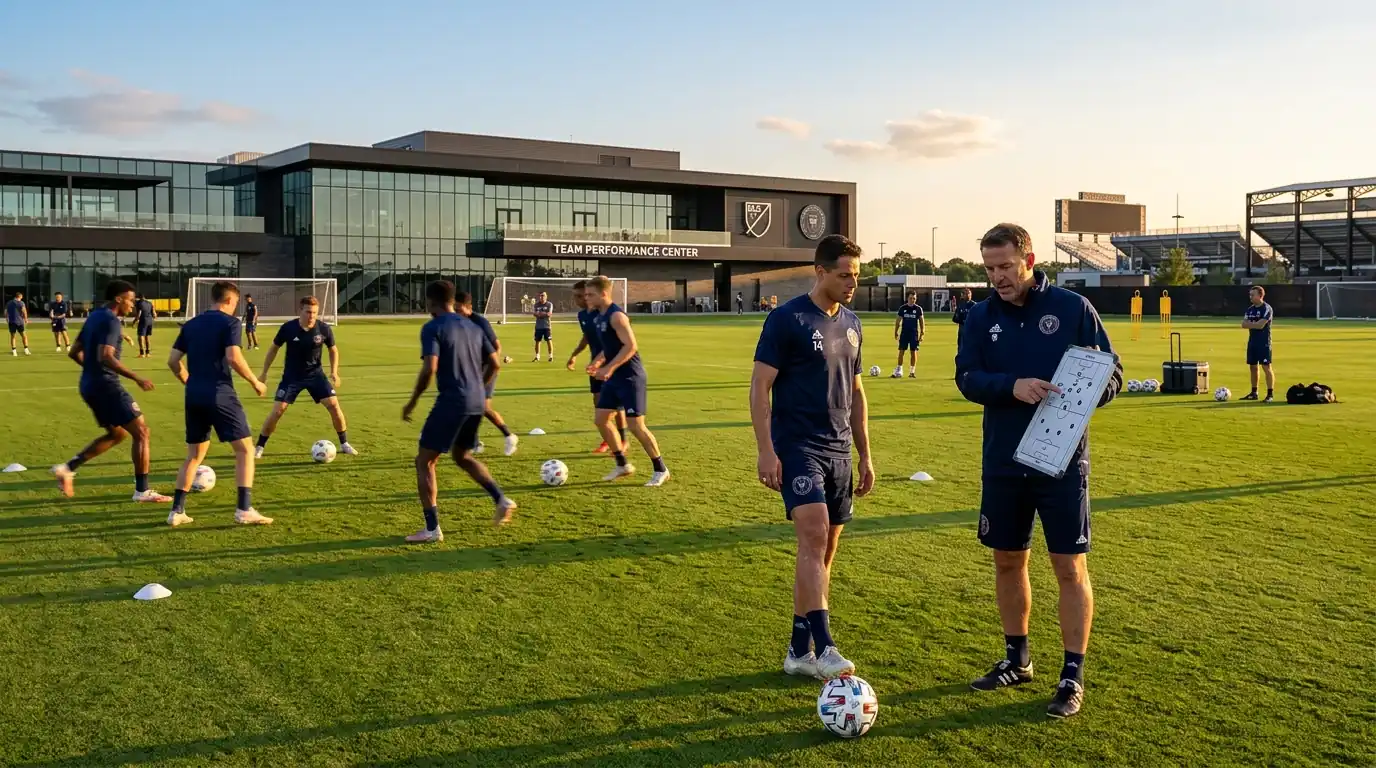 Jugadores de fútbol en un campo de entrenamiento de la MLS con equipación profesional