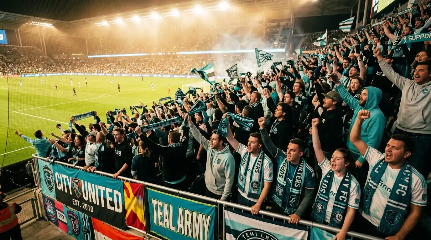Aficionados de la MLS animando en un estadio lleno durante un partido de temporada regular